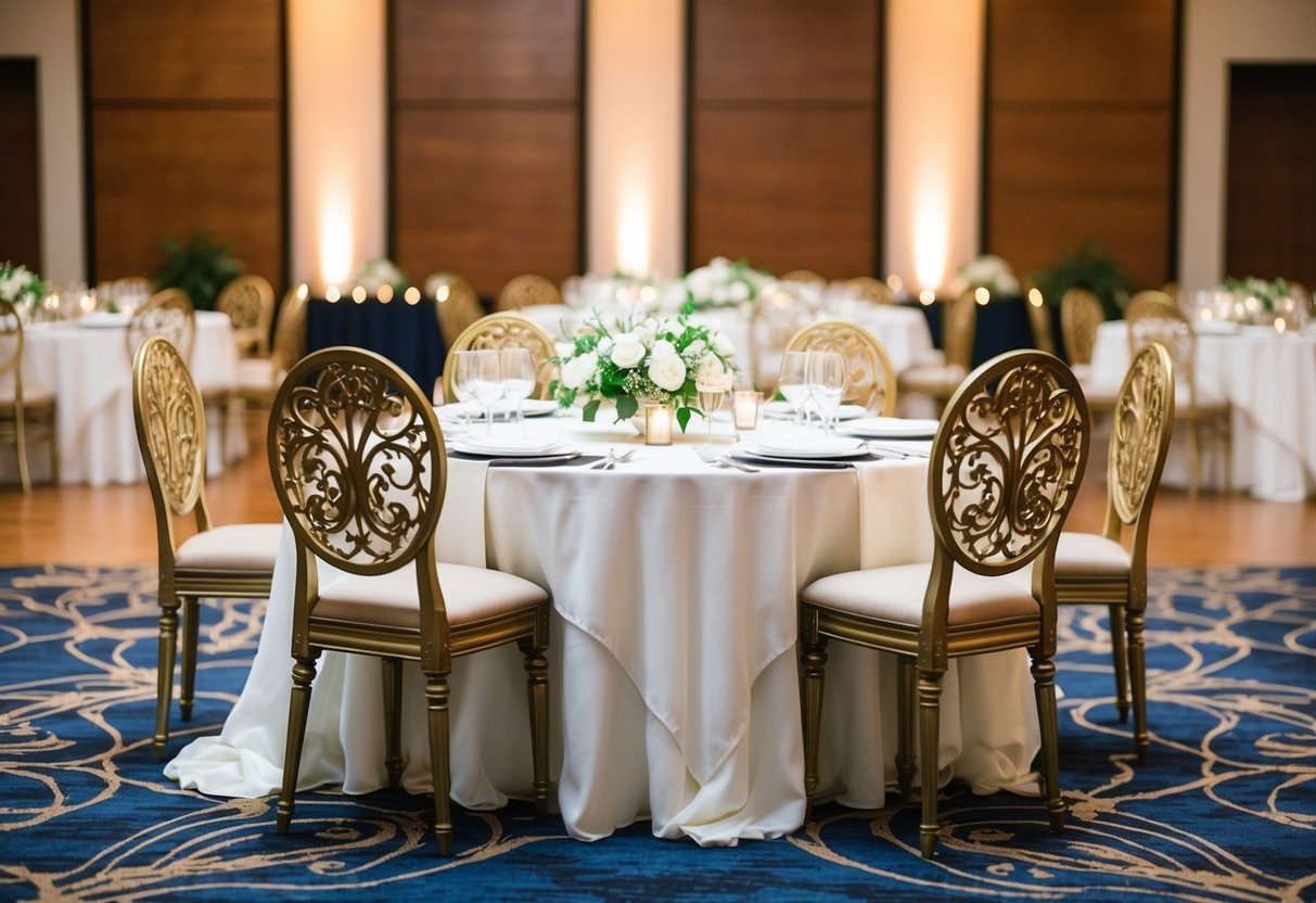 A beautifully decorated table with two ornate chairs positioned at the center of the reception hall