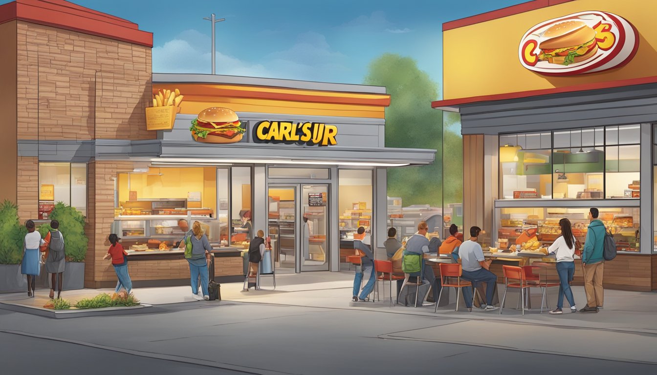 A bustling 24-hour Carl's Jr. breakfast scene with fresh ingredients and a variety of nutritious options, showcasing the around-the-clock availability