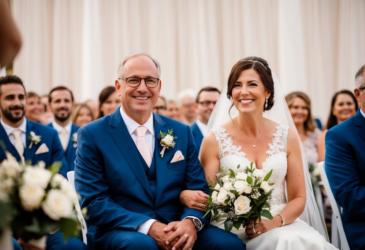 Parents seated side by side, smiling at a wedding ceremony