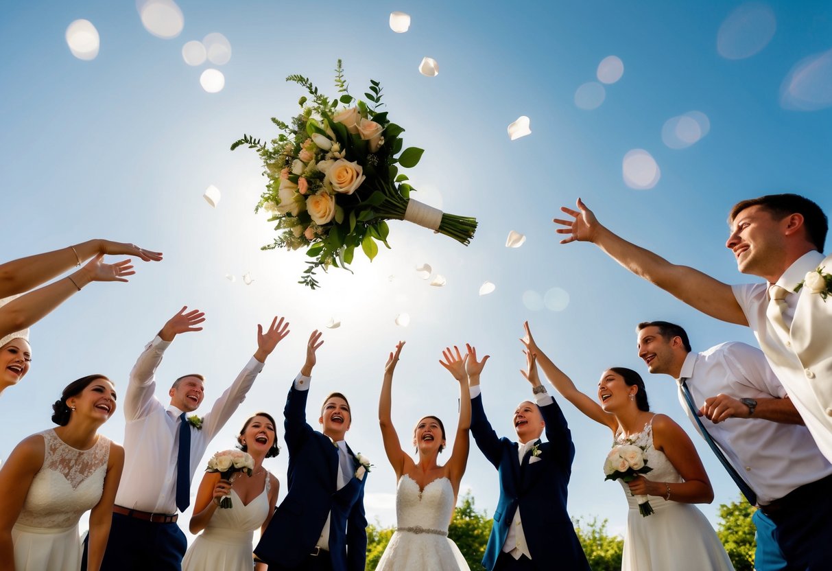 A bouquet flying through the air, surrounded by excited wedding guests reaching out to catch it