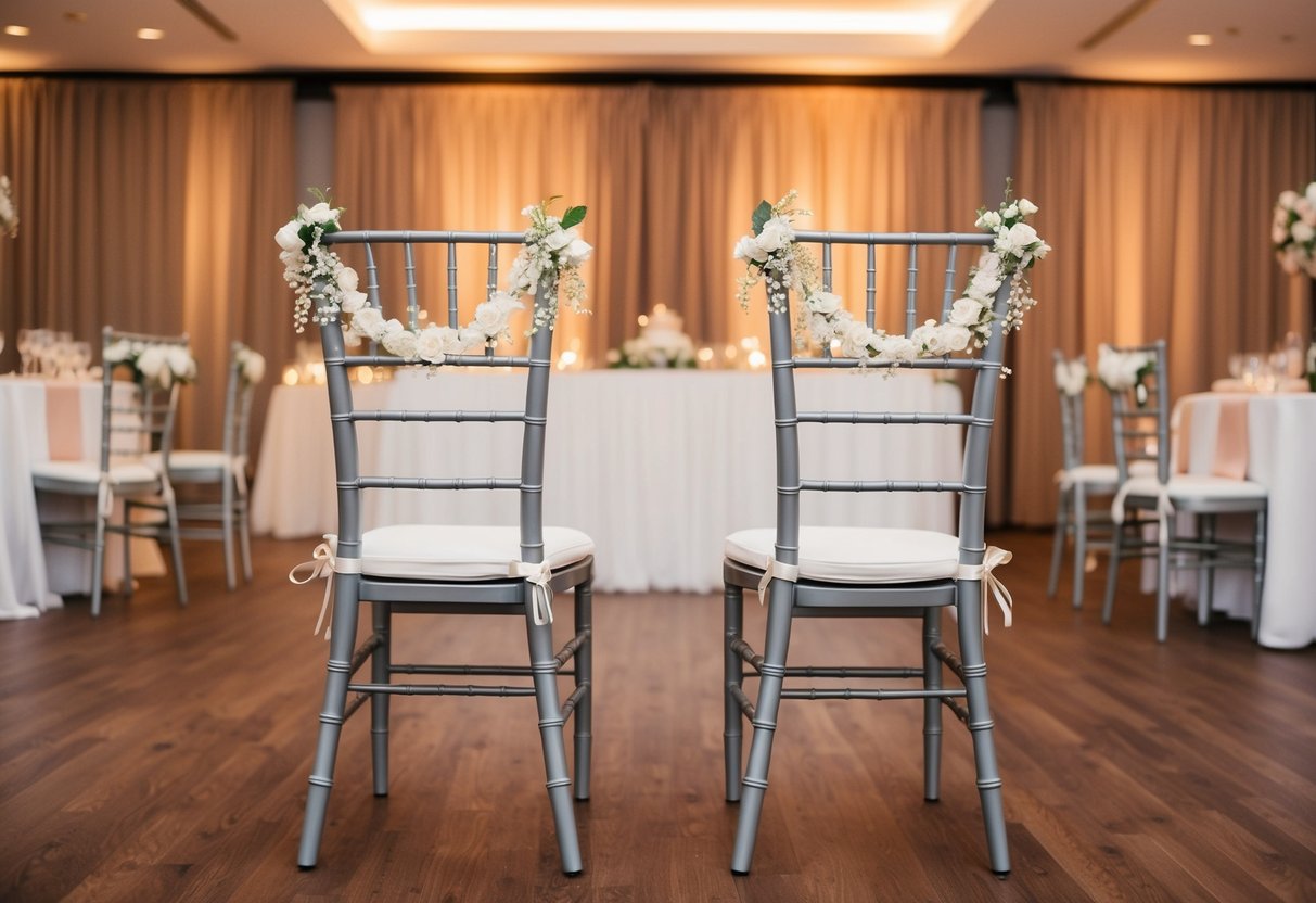 A wedding reception with two empty chairs placed side by side, adorned with elegant decorations, in the center of the room