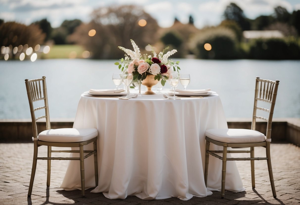 A beautifully decorated sweetheart table with two elegant chairs and a floral centerpiece