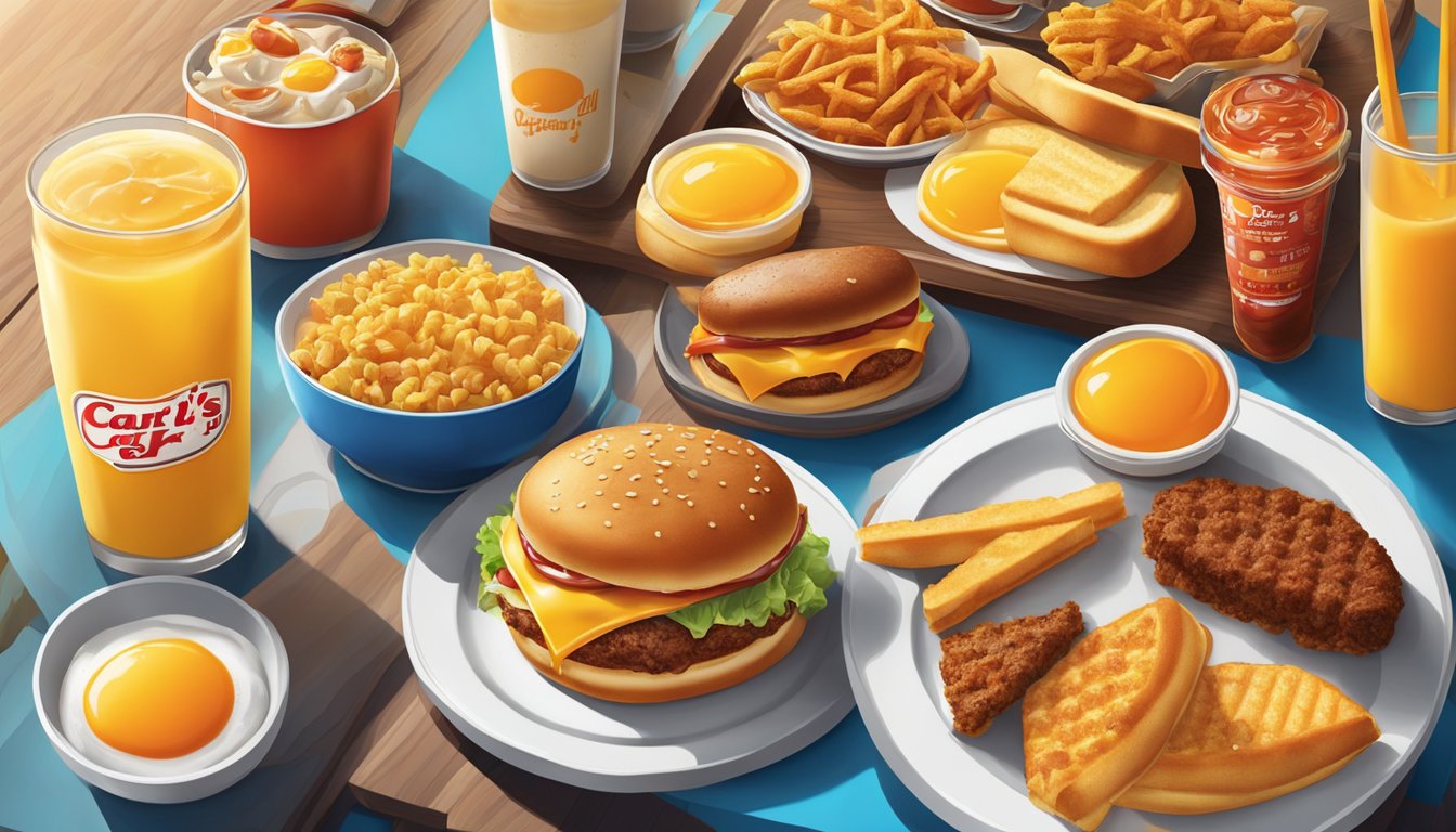 A table set with a variety of Carl's Jr. breakfast items, arranged artfully with vibrant colors and appetizing textures, illuminated by natural light