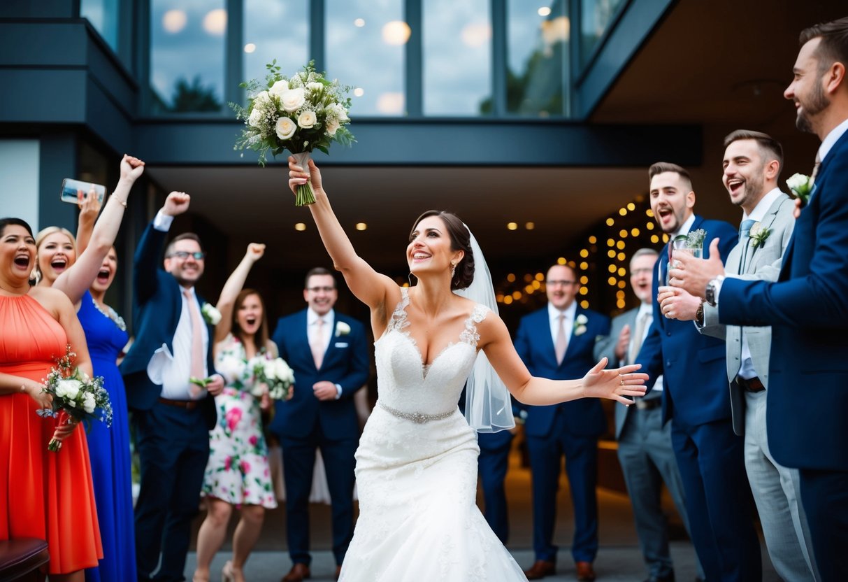 A bride throws a bouquet in a modern setting, surrounded by cheering wedding guests