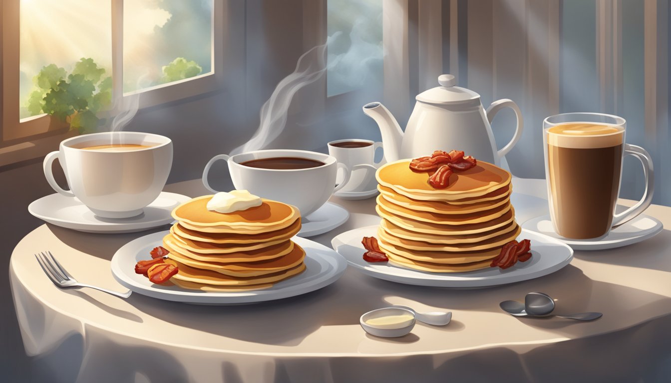 A table set with a delicious spread of breakfast items - crispy bacon, fluffy pancakes, and a steaming cup of coffee, all beautifully arranged and bathed in natural light