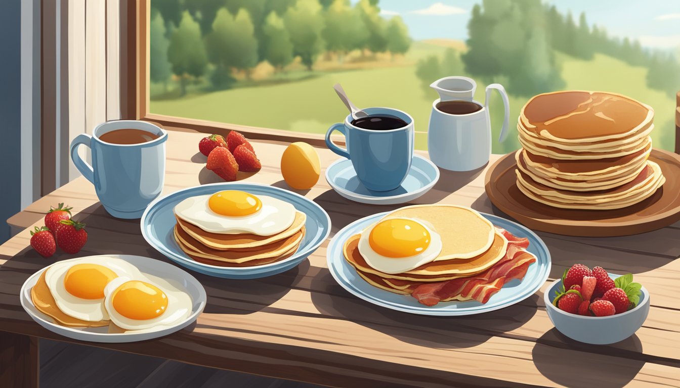 A perfectly plated breakfast spread with pancakes, eggs, bacon, and fresh fruit arranged on a rustic wooden table with natural light streaming in from a nearby window