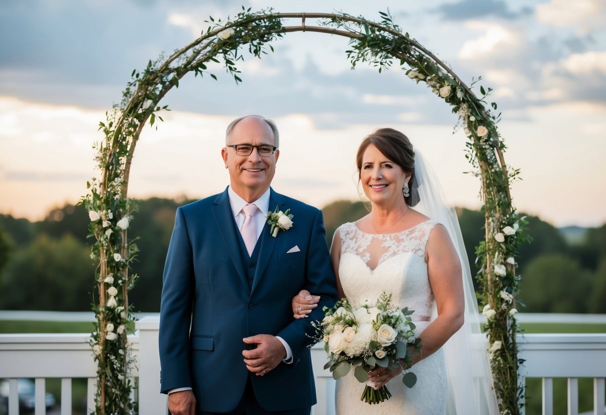 Both sets of parents stand on either side of a wedding arch, symbolizing their support for the couple