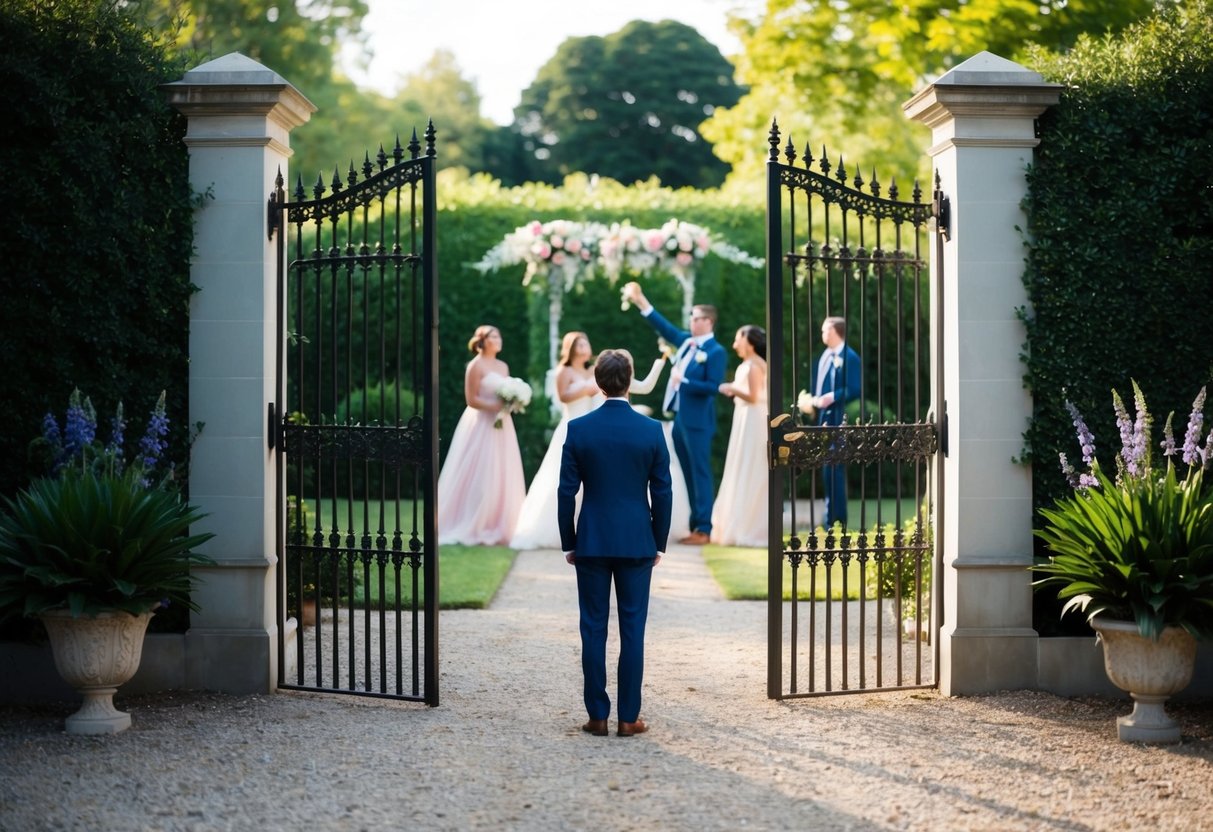 A lone figure standing outside a closed gate, while a joyful celebration takes place inside a beautiful garden
