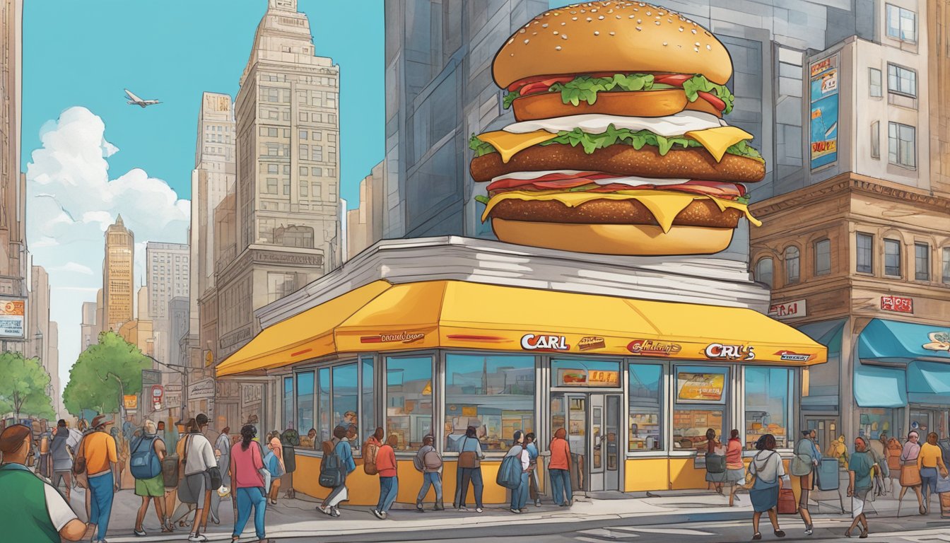 A bustling city street with a larger-than-life Carl's Jr. breakfast sandwich towering over the skyline, surrounded by people going about their morning routines