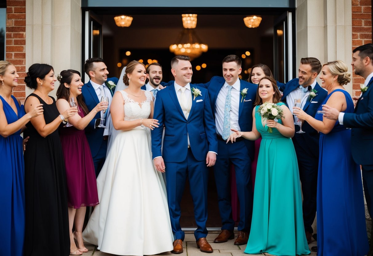 A group of people celebrating at a wedding, with one person standing alone outside the venue, looking dejected and excluded