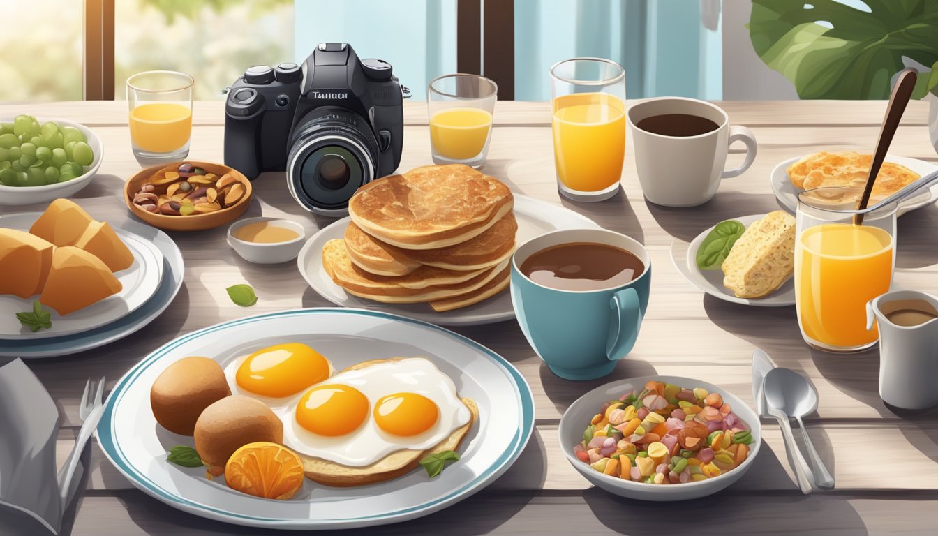 A table set with a perfectly arranged breakfast spread under soft natural light, with a camera and various props positioned around it