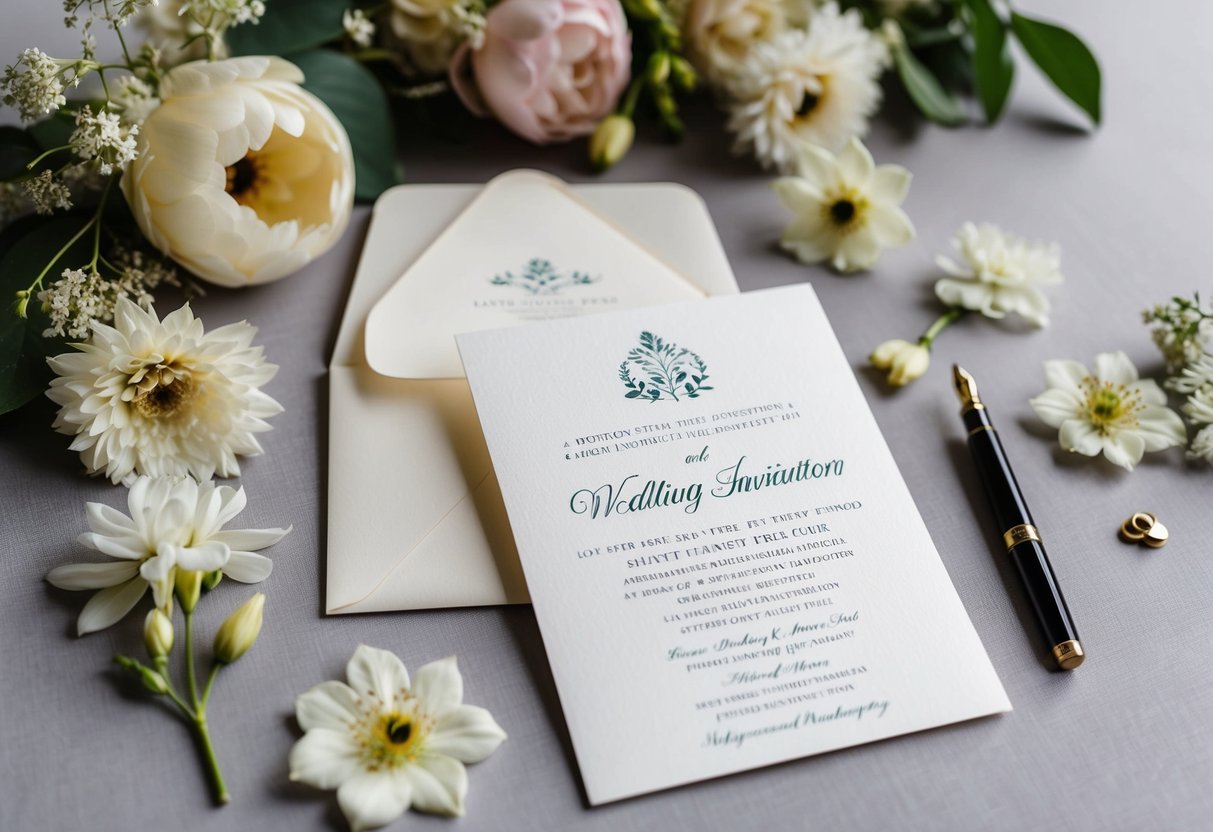 A pair of elegant wedding invitation cards laid out on a table, surrounded by delicate floral decorations and a vintage fountain pen