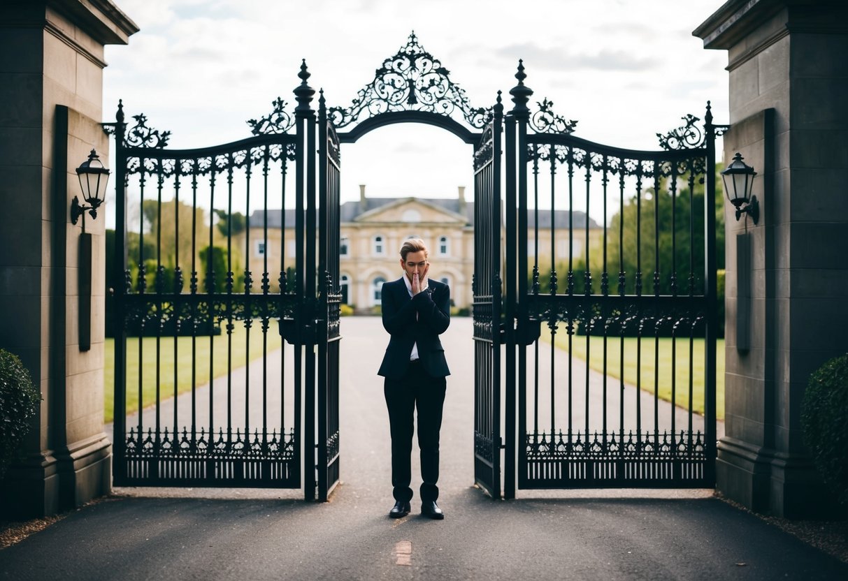 A lone figure stands outside a grand wedding venue, peering through the ornate gates with a look of confusion and hurt on their face