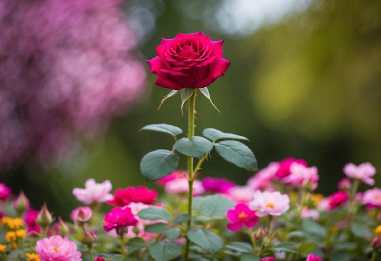 A vibrant rose stands tall above a bed of colorful blossoms, exuding elegance and regality