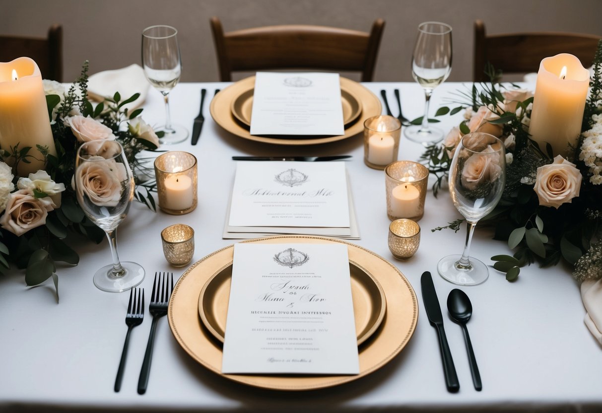 A table set for four, with two sets of elegant wedding invitations placed in the center, surrounded by floral arrangements and soft candlelight