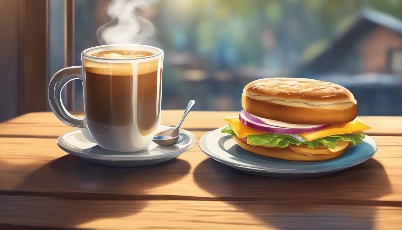 A steaming cup of coffee sits next to a sizzling breakfast sandwich on a rustic wooden table, with a soft morning light filtering through a nearby window