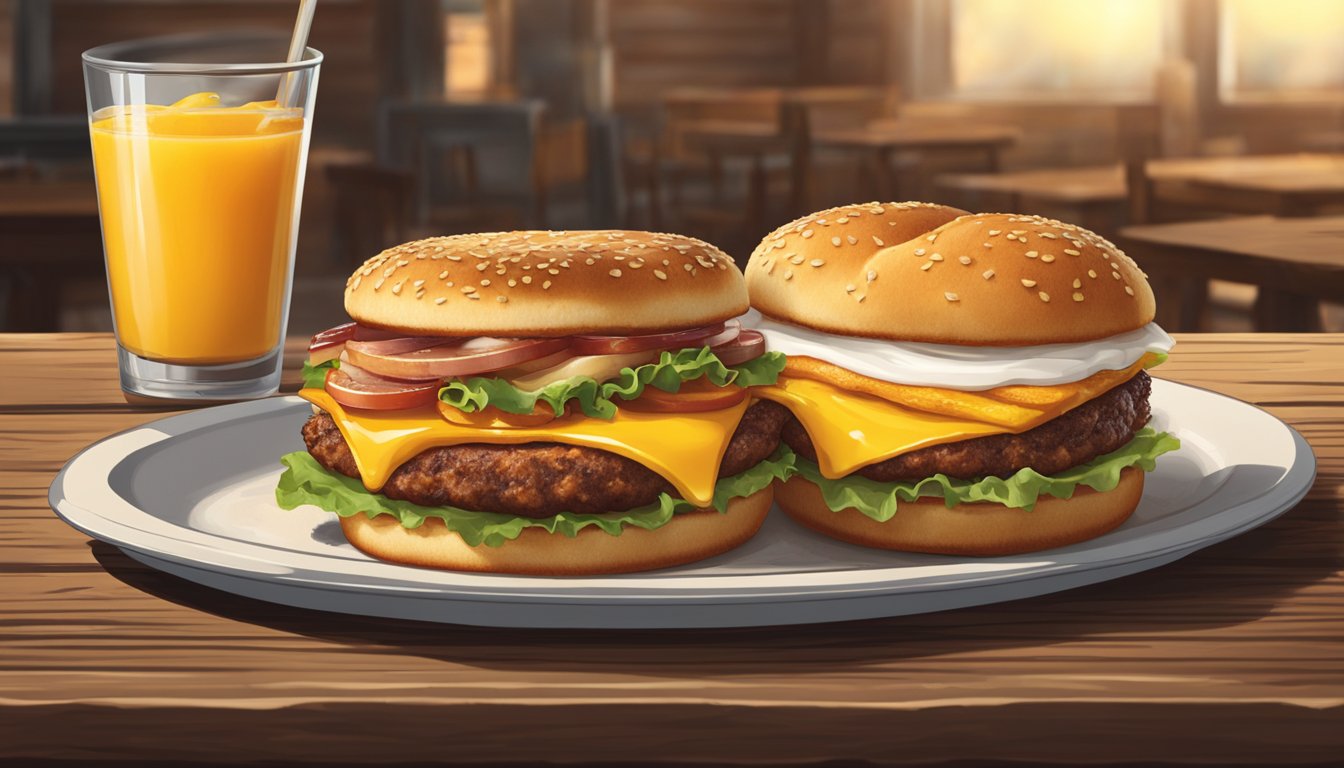 A plate of Carl's Jr. breakfast sits on a rustic wooden table, with warm, soft lighting highlighting the delicious details of the food