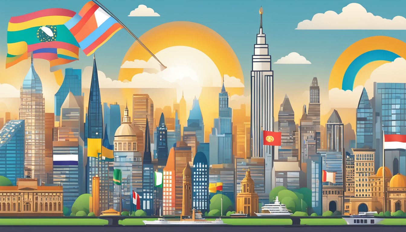 A bustling city skyline with iconic landmarks from around the world, featuring a sunrise and various international flags