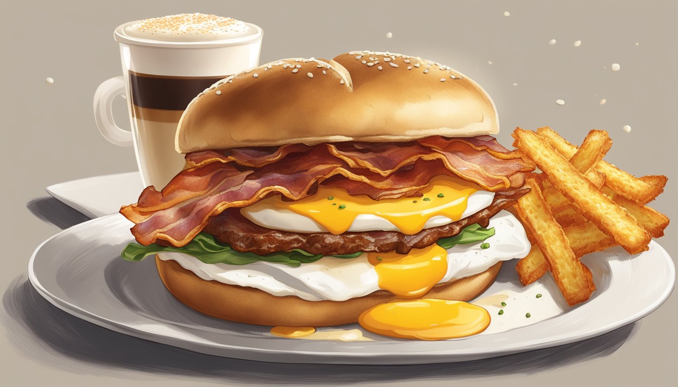 A close-up of a sizzling breakfast sandwich with melted cheese, crispy bacon, and a perfectly cooked egg, surrounded by golden hash browns and a steaming cup of coffee