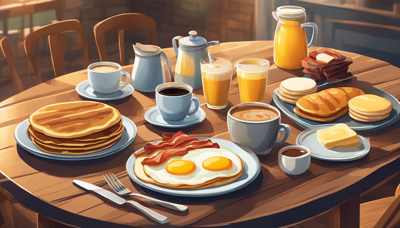 A table with a spread of breakfast items, including pancakes, eggs, bacon, and coffee, set under warm lighting for a cozy dinner ambiance