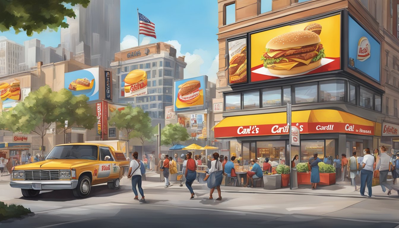 A bustling city street with a prominent Carl's Jr. billboard featuring their breakfast menu, surrounded by other fast food and coffee shop advertisements