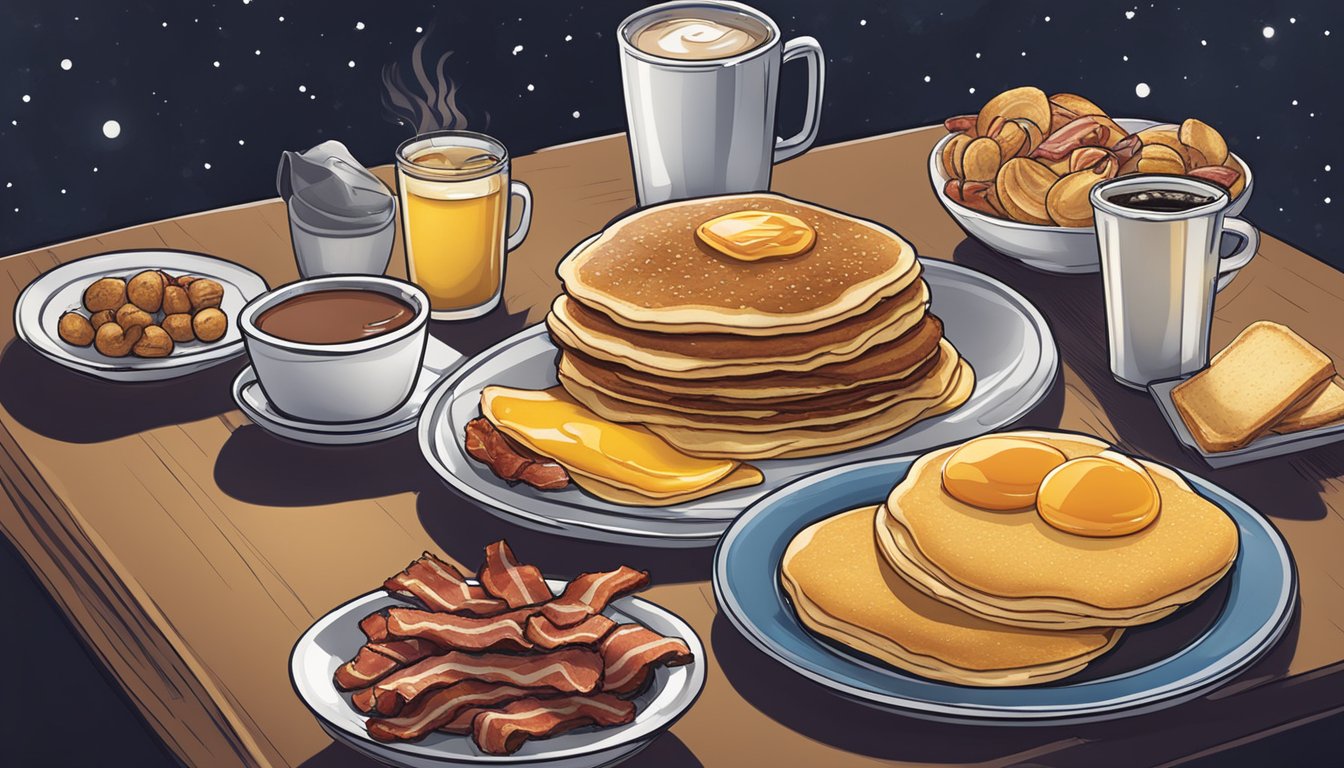 A table set with breakfast items at night, with pancakes, eggs, bacon, and coffee. The menu board in the background displays the breakfast for dinner options at Carl's Jr