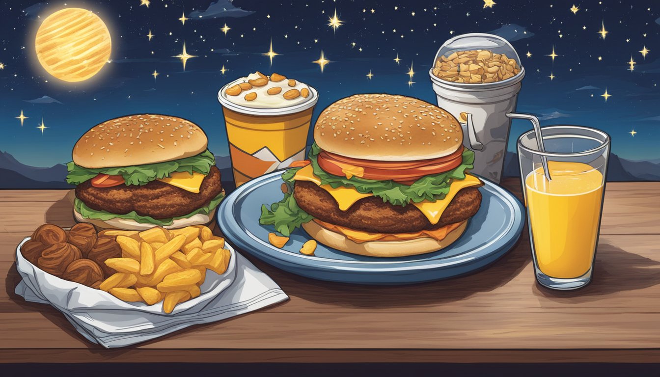 A table set with breakfast items under a starry night sky, with a sign reading "Regional Availability and Expansion Breakfast for Dinner: Why Carl's Jr.'s Morning Menu Works Any Time" displayed prominently