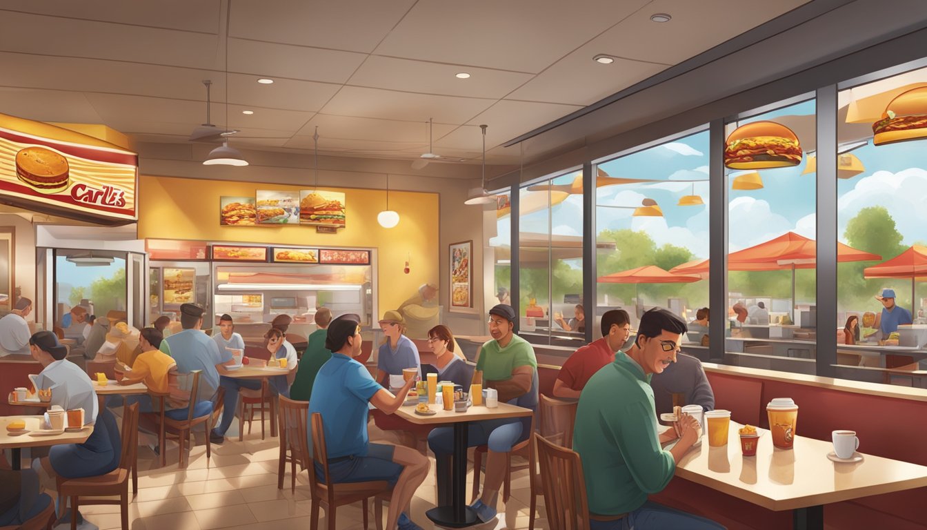 A bustling Carl's Jr. restaurant at breakfast time, with customers enjoying their meals at tables and the aroma of sizzling bacon and fresh coffee in the air