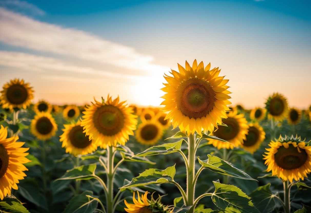 A field of sunflowers basking in the golden sunlight, their bright yellow petals reaching towards the sky in a joyful display