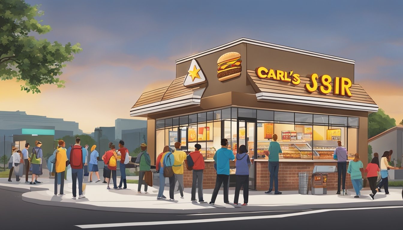 A bustling Carl's Jr. breakfast location with a line of eager customers, a welcoming storefront, and the iconic star logo prominently displayed