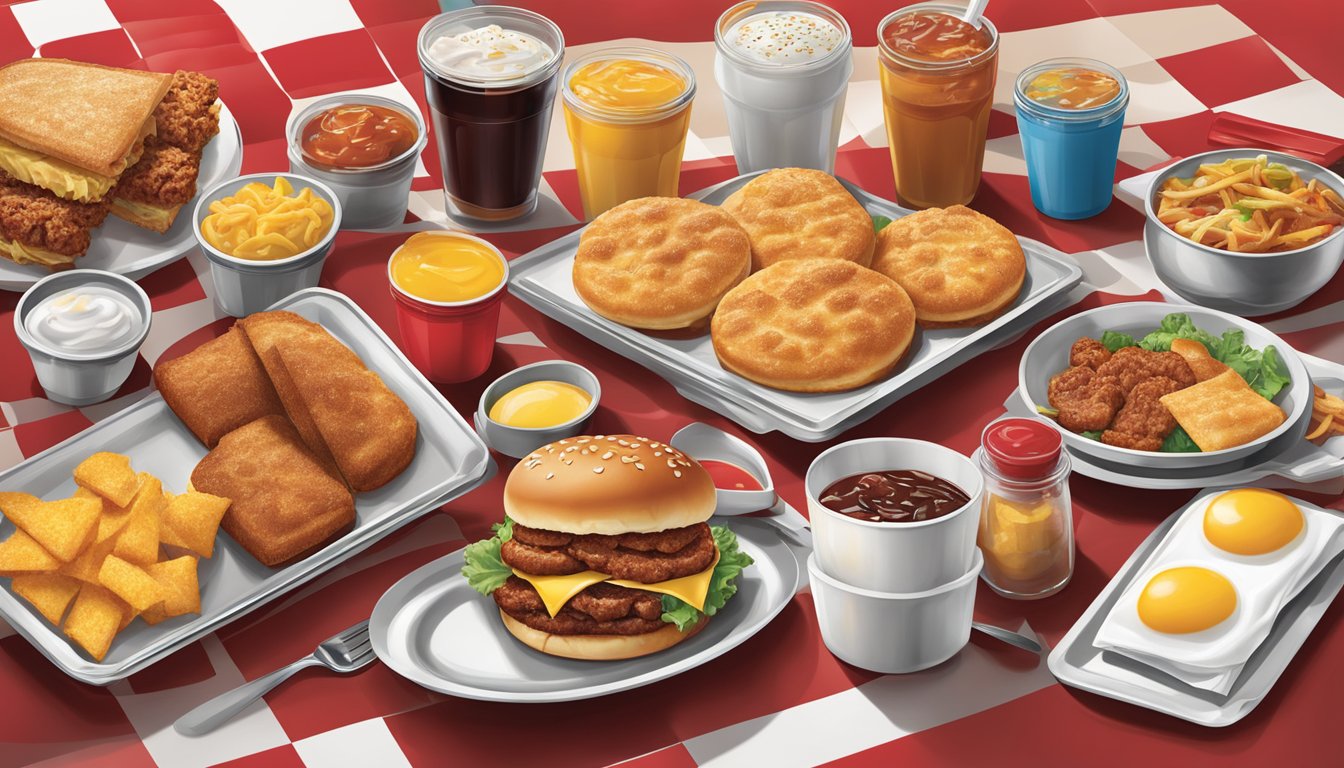 A table set with a breakfast spread at Carl's Jr., including a variety of menu items and condiments