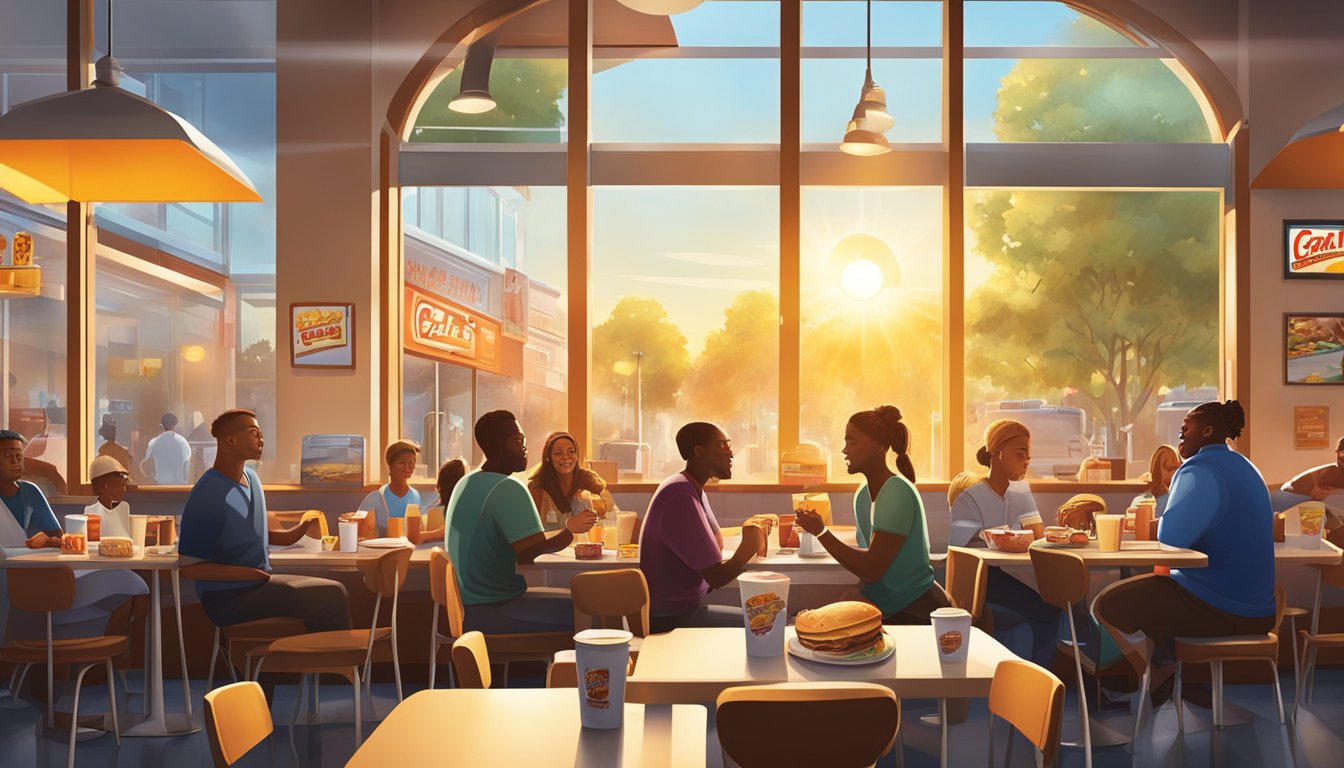 A bustling Carl's Jr. breakfast location with a diverse menu and happy customers enjoying their meals. Sunrise light streams through the windows, highlighting the vibrant atmosphere