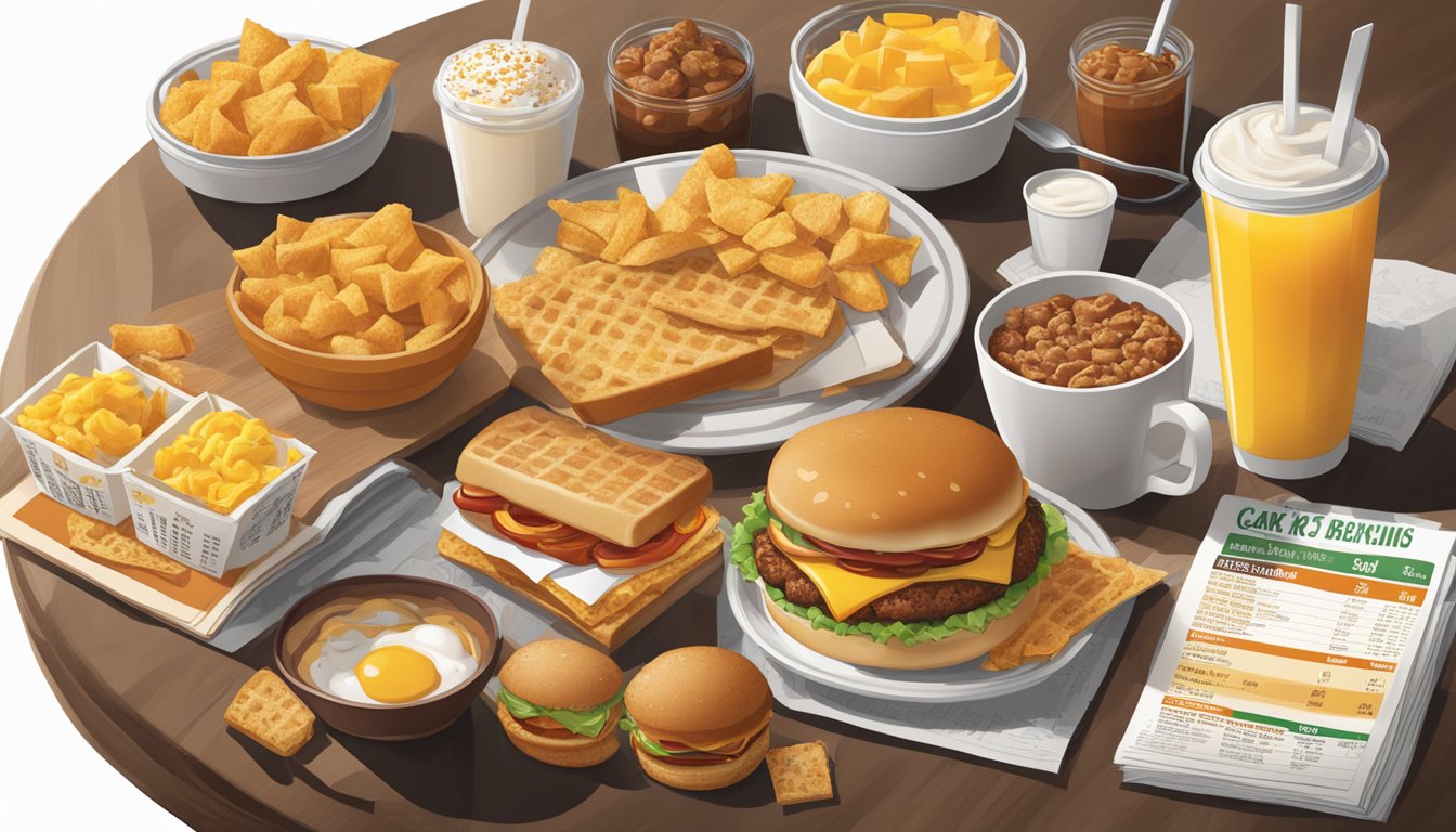 A table set with a spread of Carl's Jr. breakfast items, surrounded by a printed nutritional information guide