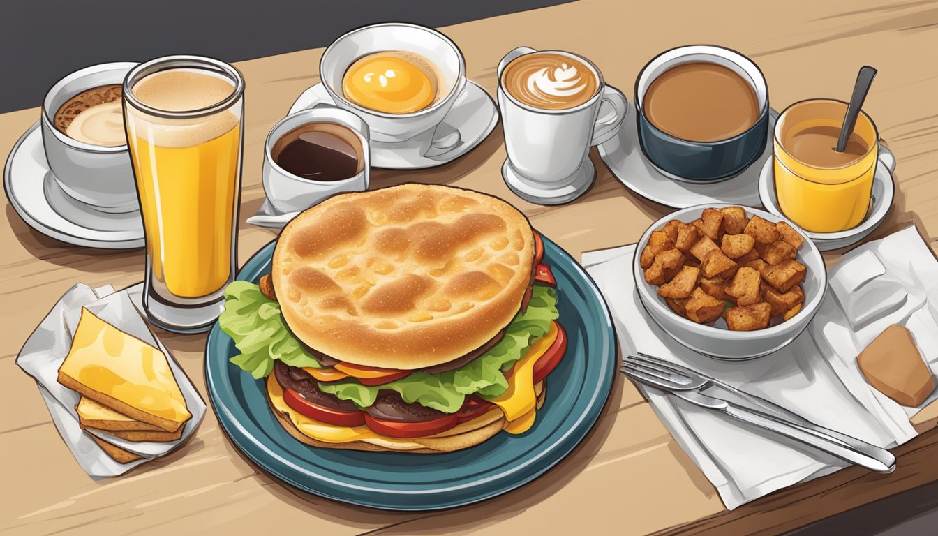 A table set with a freshly prepared breakfast at Carl's Jr., with a neatly arranged plate, utensils, and a steaming cup of coffee