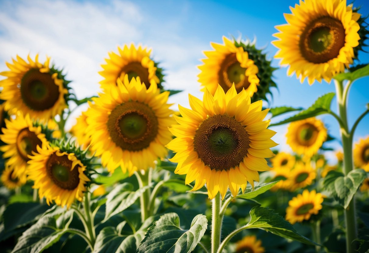 A vibrant garden filled with yellow sunflowers, symbolizing happiness and joy, under a clear blue sky