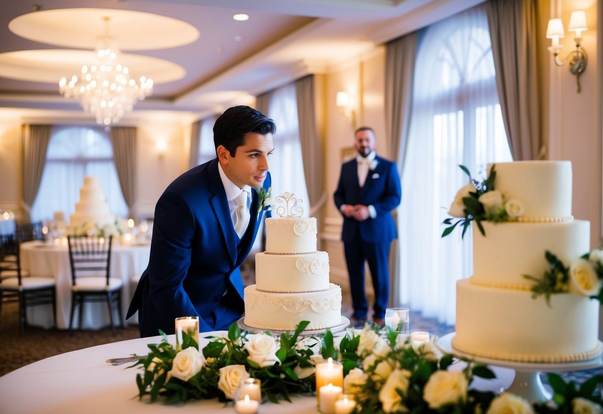 A wedding crasher sneaking into a reception hall filled with elegant decorations and a beautifully adorned wedding cake
