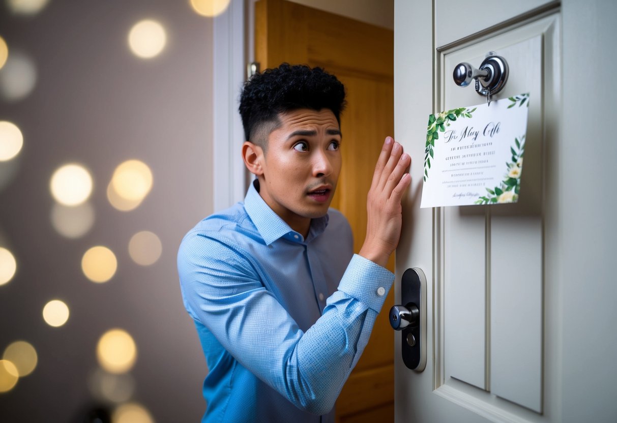 A person knocking on a closed door with a puzzled expression, while a wedding invitation hangs on the doorknob