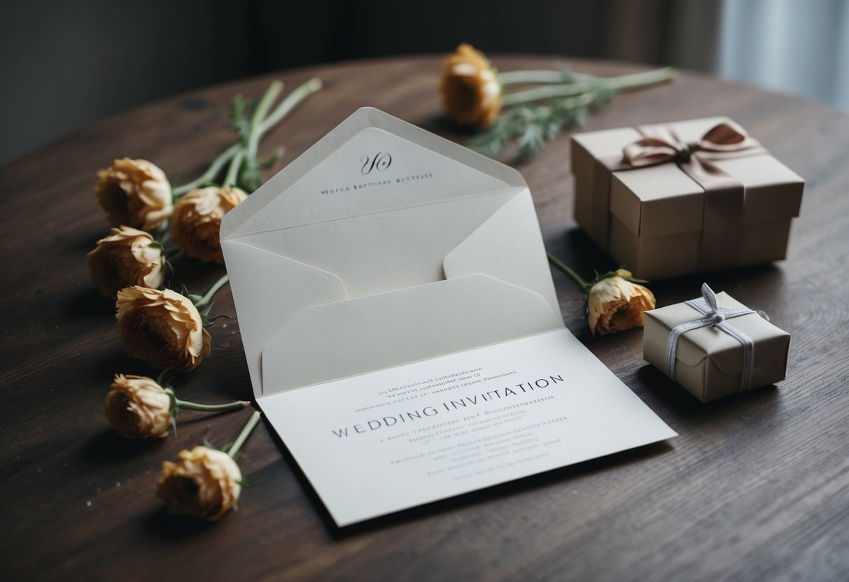 An empty wedding invitation lying on a table, surrounded by wilted flowers and a neglected gift