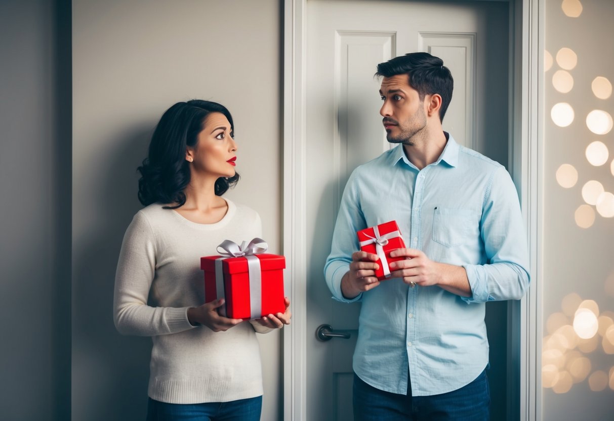 A couple standing at a closed door with a puzzled expression, holding a gift and looking uncertain