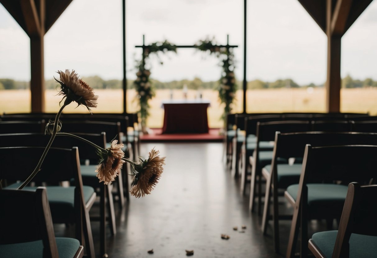 A deserted wedding venue with wilted flowers and an empty altar