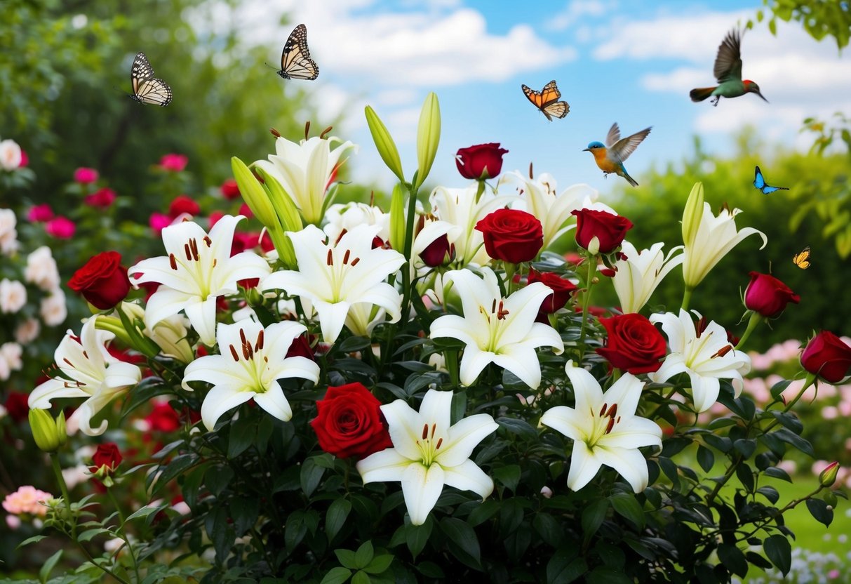 A garden filled with blooming white lilies and red roses, surrounded by fluttering butterflies and singing birds