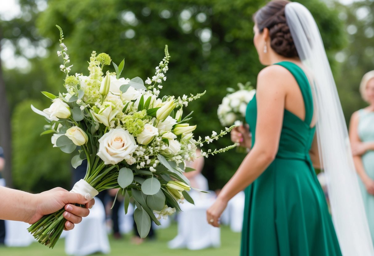 A bride's bouquet wilting as a guest in a green dress draws all attention