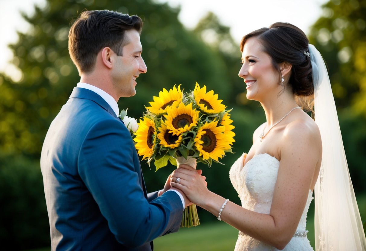 A bride and groom exchanging a bouquet of sunflowers, symbolizing happiness and joy in their marriage