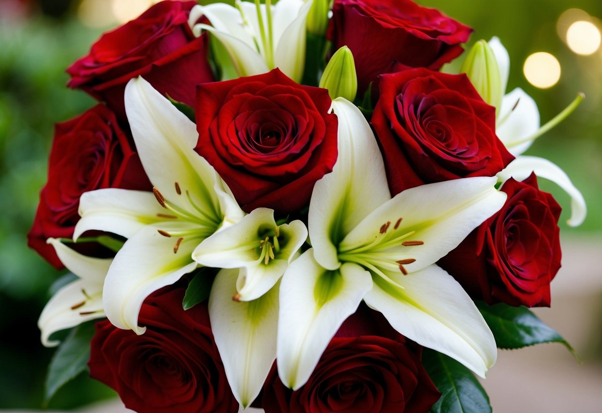 A bouquet of red roses and white lilies intertwined, symbolizing enduring love and happiness in marriage