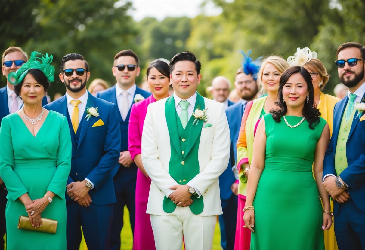 A wedding scene with guests in colorful attire, but one person in a green outfit stands out awkwardly