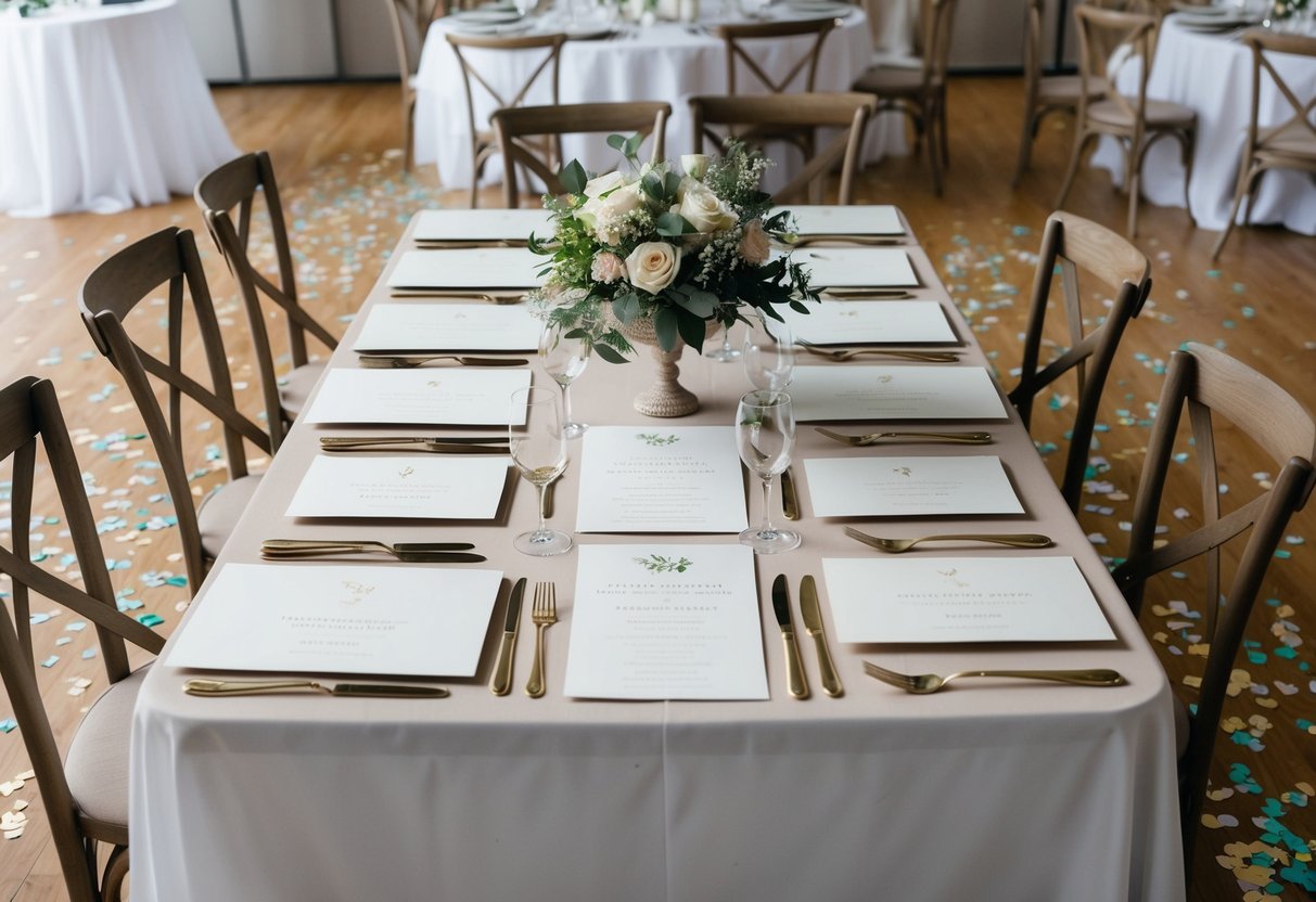 A table set with unfinished wedding invitations, surrounded by empty chairs and scattered confetti on the floor