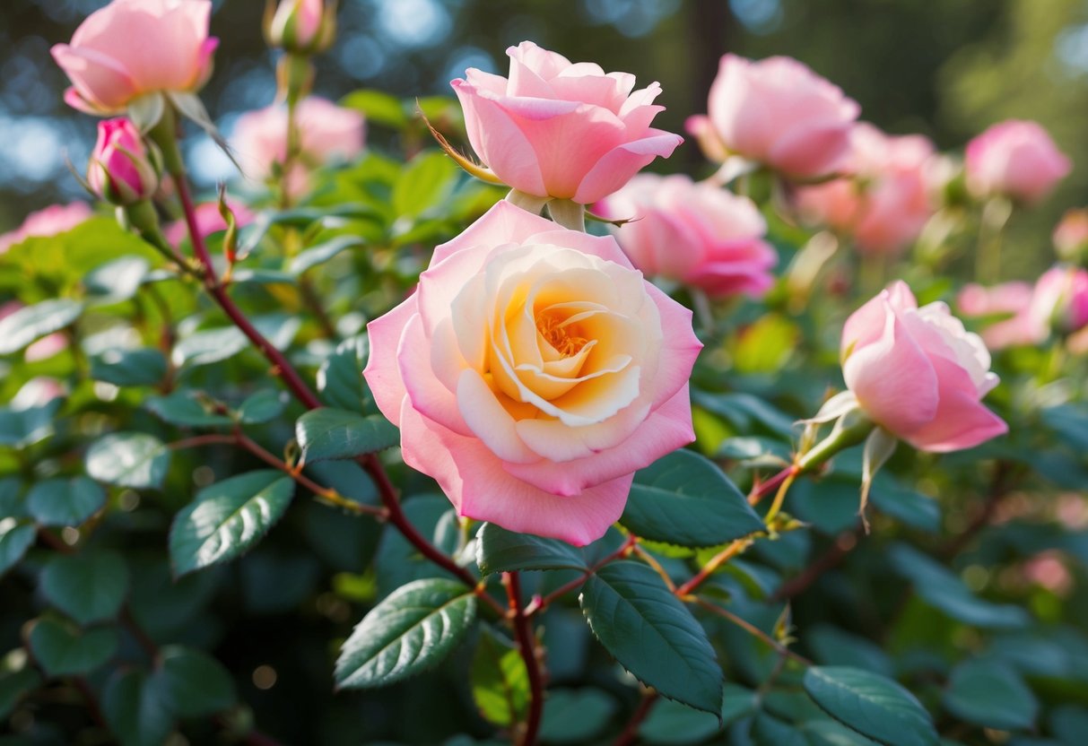 A blooming rose bush with intertwined stems and vibrant petals, symbolizing a happy marriage