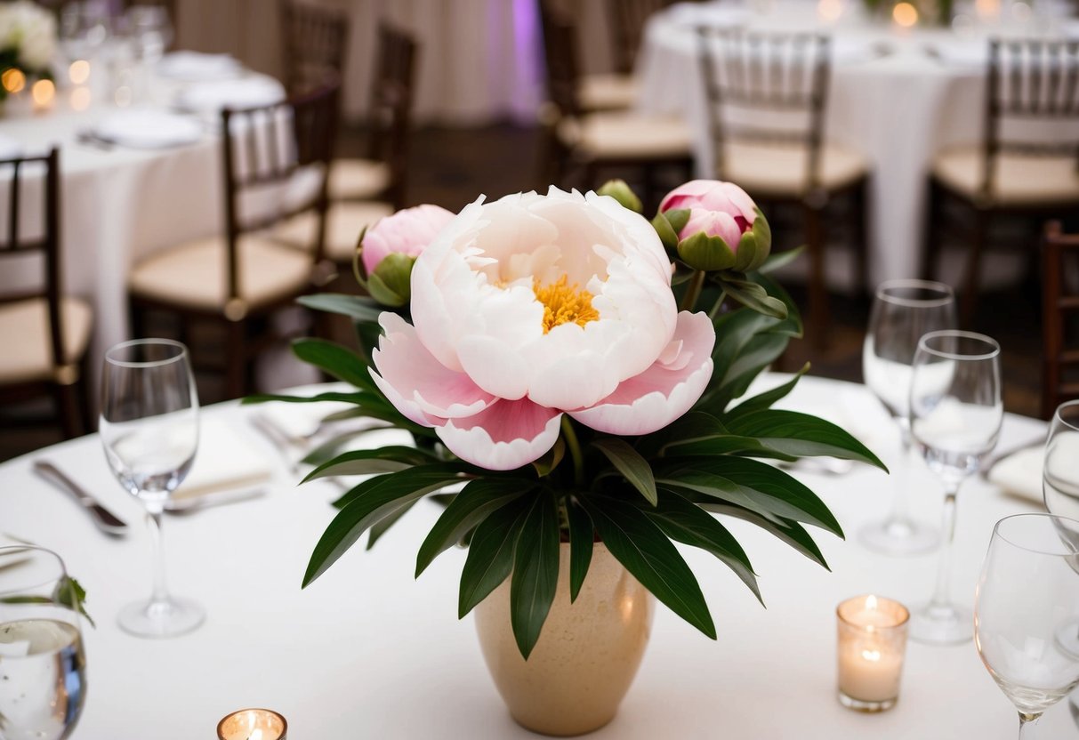 A blooming peony plant, symbolizing a happy marriage, sits in a vase on a wedding reception table