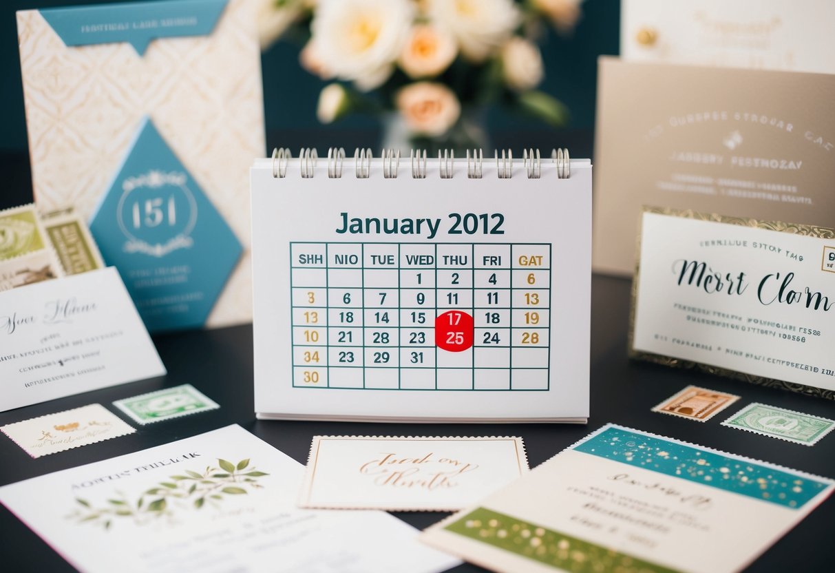 A calendar with a wedding date circled, surrounded by a variety of invitation designs and postage stamps