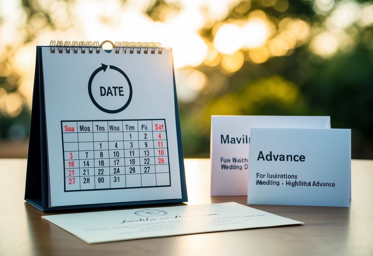 A calendar with a wedding date circled and invitations being mailed out with various dates highlighted in advance